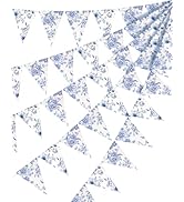 RVXHUA Pre-Strung Floral Pennant Garland - Ready to Use Vintage Blue White Flower Triangle Banner...