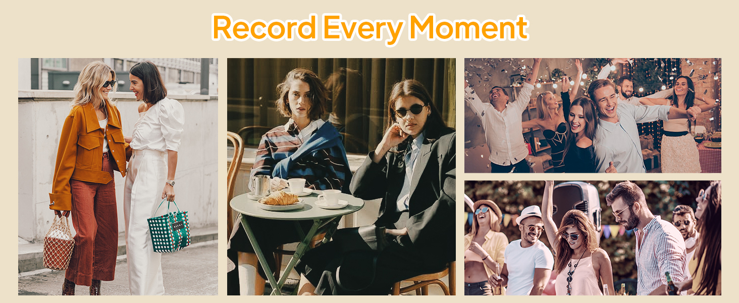 Text reads 'Record Every Moment'. Collage of lifestyle photographs showing various social moments and gatherings.