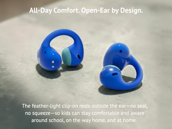 Open-ear clip-on design showing pressure-free comfort for kids.