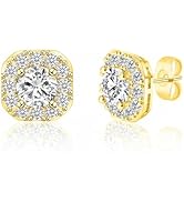 Halo Stud Earrings, 18K Gold Plated, Square Cubic Zirconia, Earrings Set for Women