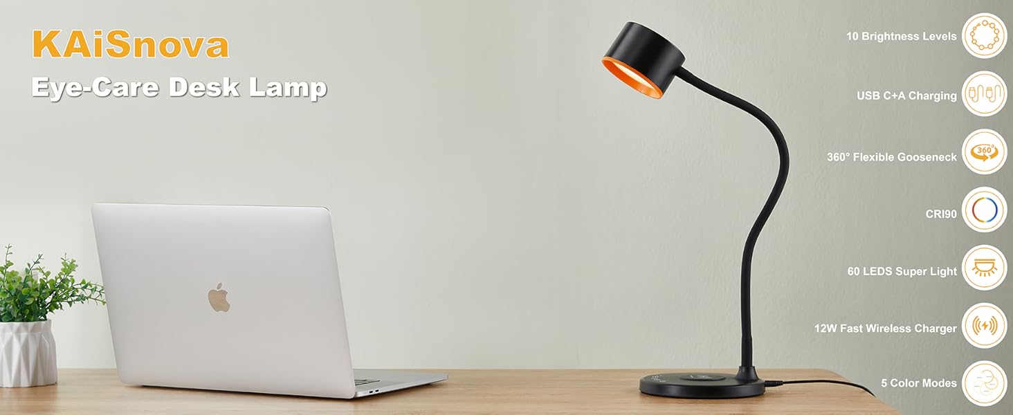 LED Desk Lamp with USB Charging Port Wireless Charger Small Lamp for College Dorm Room Home Office