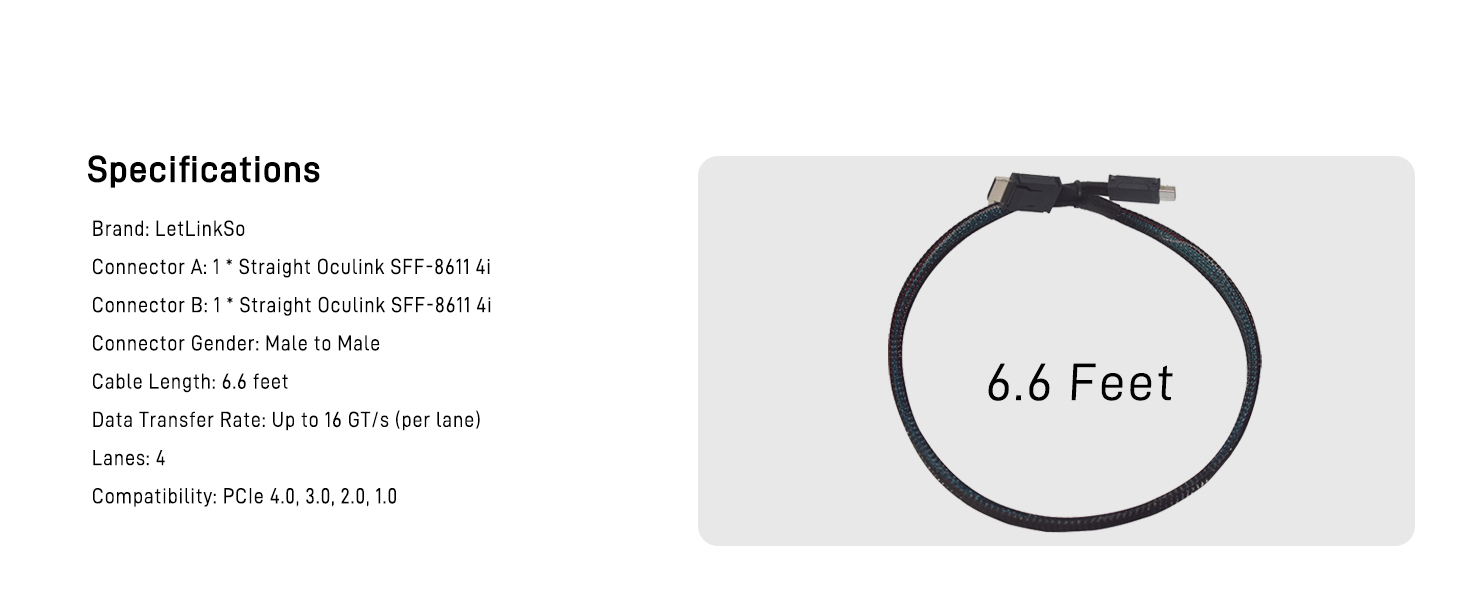 LetLinkSo Gen4 PCIe 4.0 Oculink SFF-8611 Connector Adapter 4i Male Extension Cable