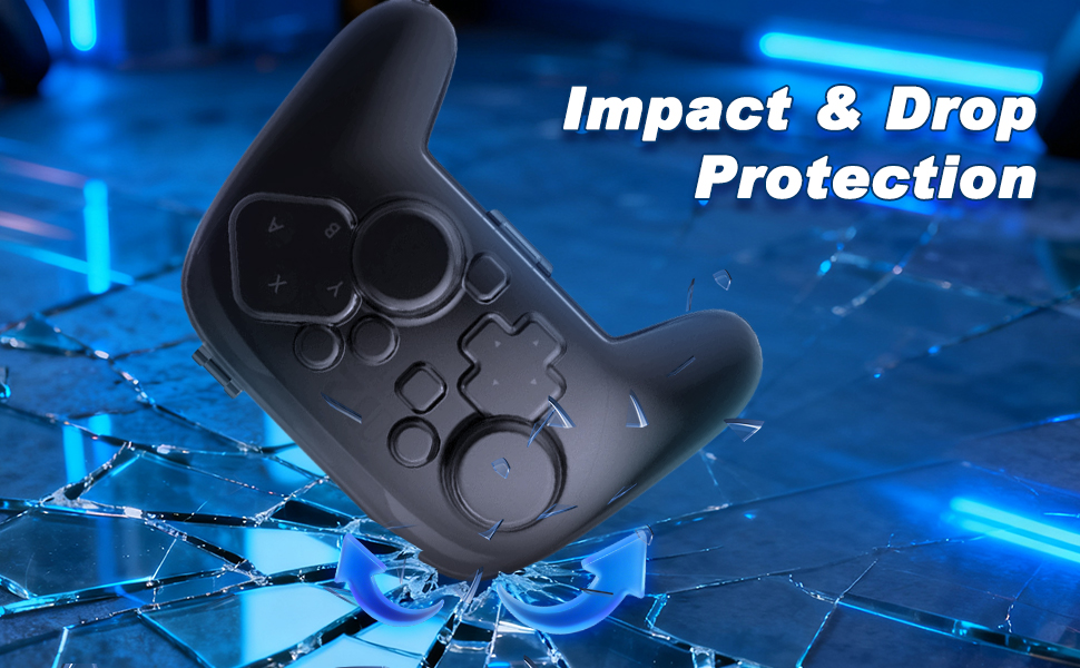 Text reads 'Impact &amp; Drop Protection'. Black gaming controller or device against blue technical background with lighting effects.