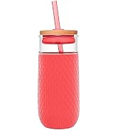 Ello Devon Glass Tumbler with Splash Proof Wooden Lid and Straw, Protective No Sweat Silicone Sle...