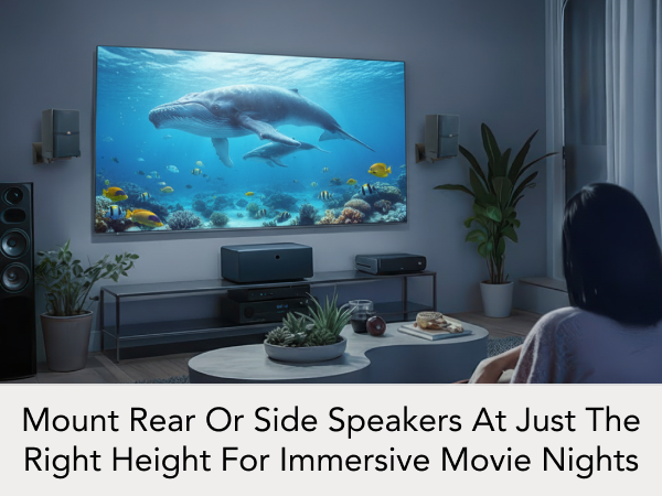 Rear and side surround speakers mounted at optimal height for immersive sound.