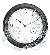 Lafocuse 12 Inch Silent Outdoor/Indoor Waterproof Wall Clock with Thermometer and Hygrometer Comb...