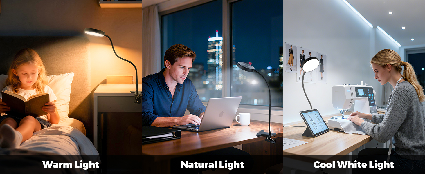 Text reads 'Warm Light', 'Medium Light', 'Cool White Light'. Three scenes showing different lighting temperatures in desk study environments.