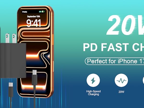 20w 40w iphone 17 16 15 pro max charger fast charging block usb c charger cable fast charging 10 ft