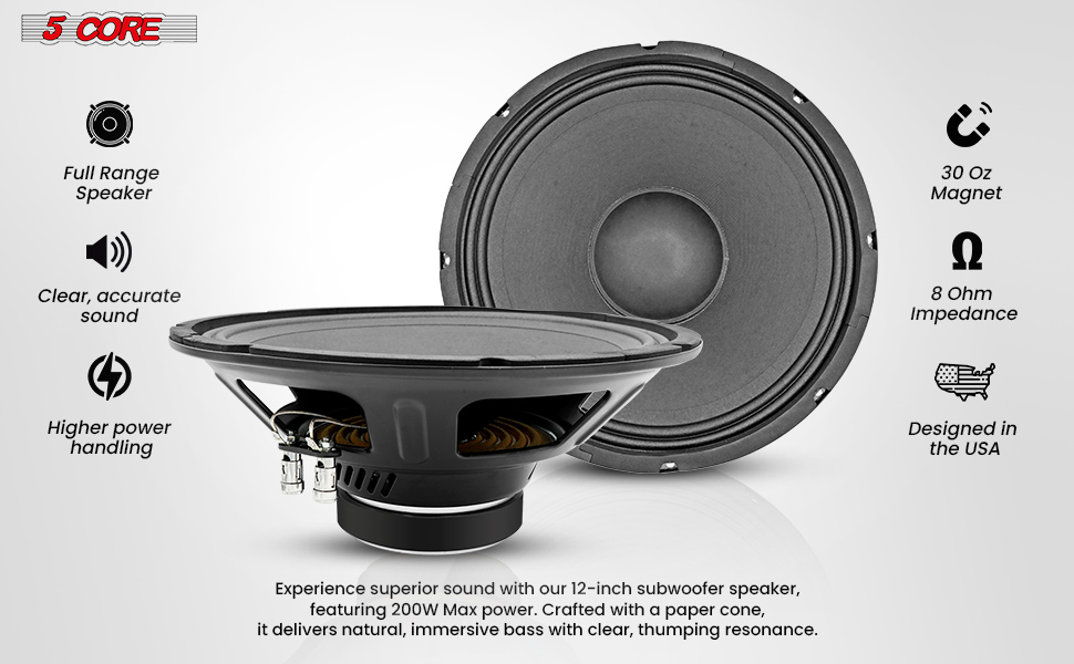 5 CORE Speaker Subwoofer 12 Inch PA DJ Subs 200W Max Pro Audio 8 Ohm 30 Oz