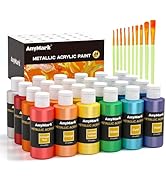 AnyMark Metallic Acrylic Paint, 24 Colors with 10 Brushes, 2 fl oz/60ml Bottles, Glitter Acrylic ...
