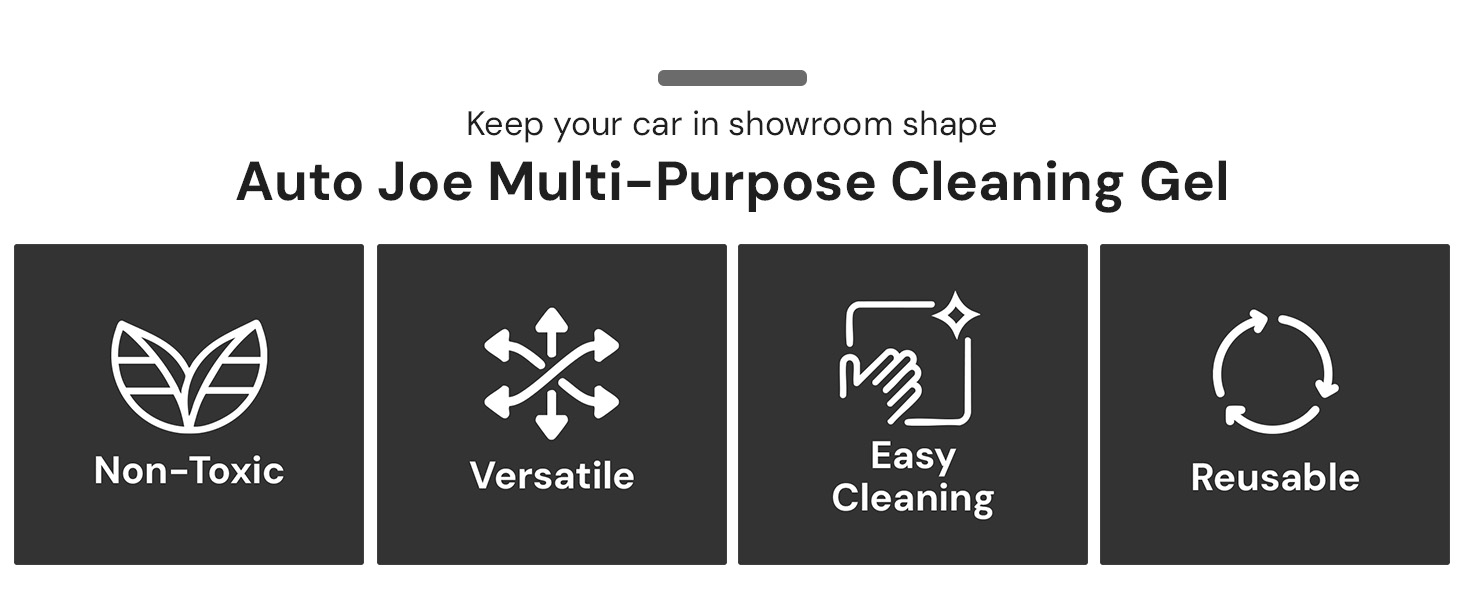 Icons of cleaning gel features. Text reads: Non-Toxic. Versatile. Easy Cleaning. Reusable