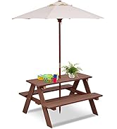 HONEY JOY Kids Picnic Table, Outdoor Wooden Table &amp; Bench Set w/Removable Umbrella, Children Back...