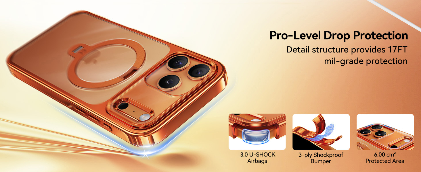 Orange for iPhone 17 Pro Max Case with 360 Spin Magnetic Stand Slim Polished Clear