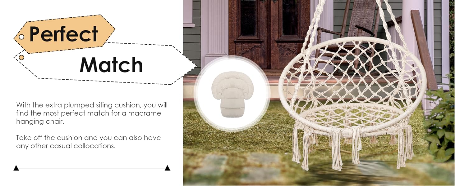 white macrame hanging chair