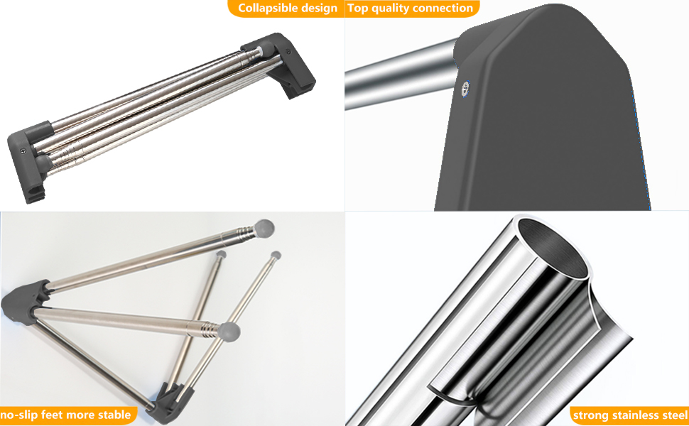 Collapsible clothes drying rack with multiple metal rods. Shown in various states: folded, partially extended, and close-up of rod joints.