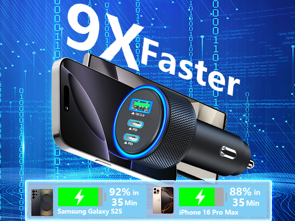 MFi Certified 3-Port 67W PD/QC Car Power Adapter USB-C Car Charger Cigarette Lighter for iPhone 16