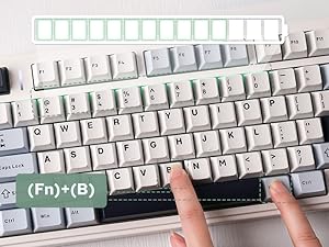 Close-up of a white computer keyboard with hands demonstrating key combination (Fn)+(B). Function keys and letter keys visible.