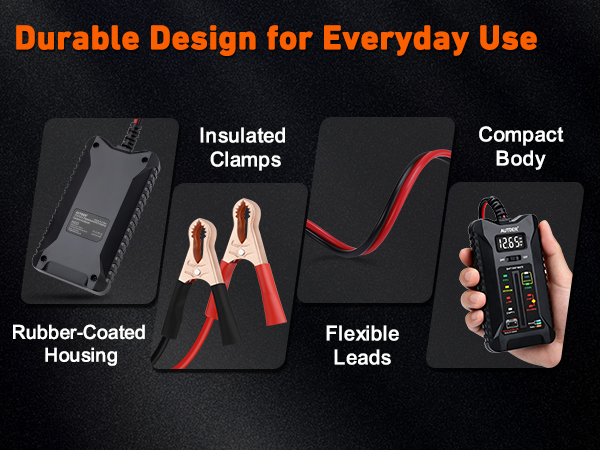 Text reads 'Durable Design for Everyday Use', 'Insulated Clamps', 'Compact Body', 'Rubber-Coated Housing', 'Flexible Leads'. Digital multimeter with red and black cable leads, clamps, and compact black body displayed on dark background.