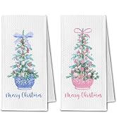 ChissNook Coquette Chinoiserie Christmas Tree Kitchen Towels, Grandmillennial Xmas Dish Towels fo...