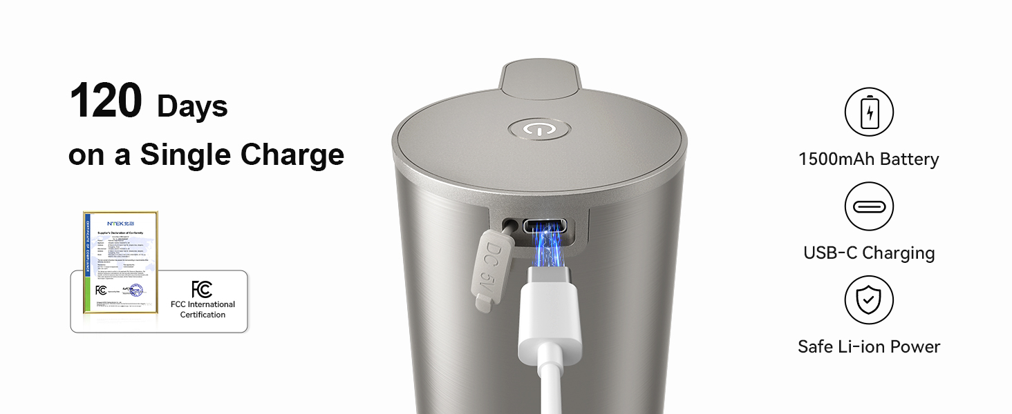 Long battery soap dispenser lasts up to 120 days, USB C charging and safe lithium power.