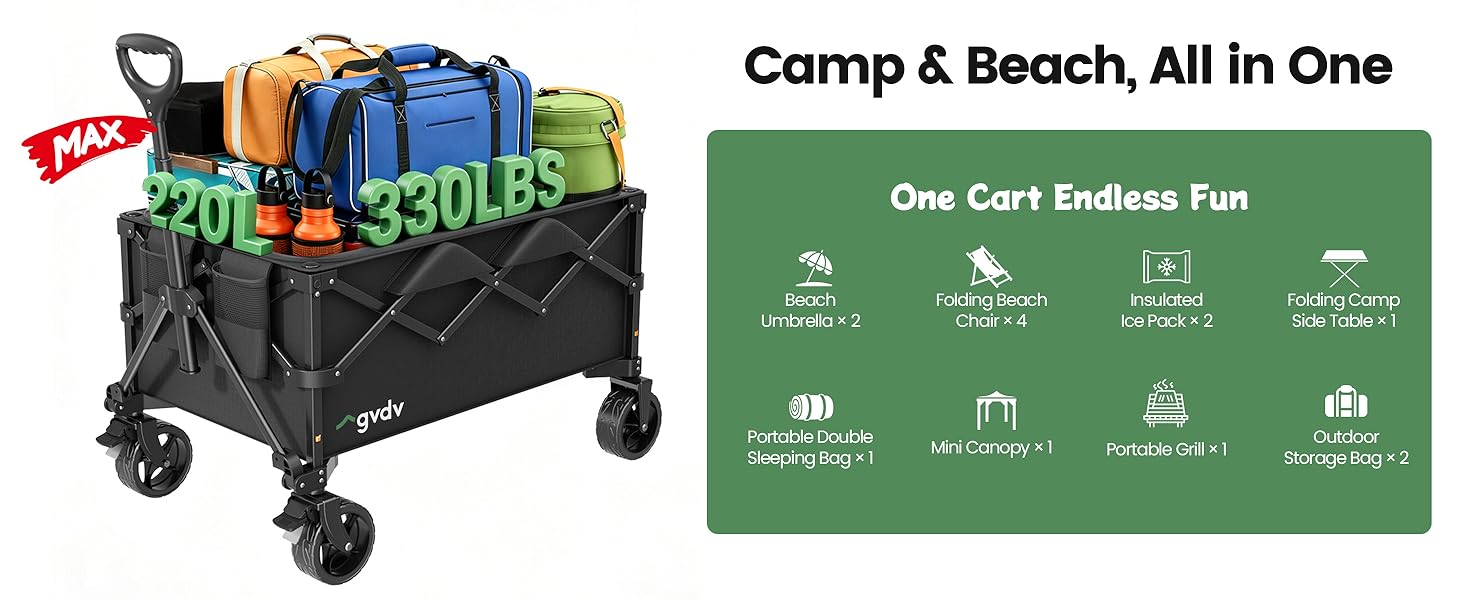 330LBS Heavy-Duty Cart for Groceries, Camping, Beach, Garden, Sports
