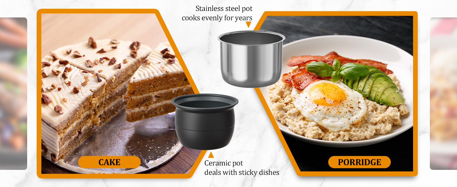 Ceramic pot conquers sticky disasters while stainless steel poy maintains perfect heat for decades