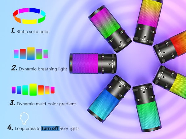 Colorful LED lights with multiple modes: static solid color, dynamic breathing light, and multi-color gradient. Instructions show long press to turn off RGB lights.