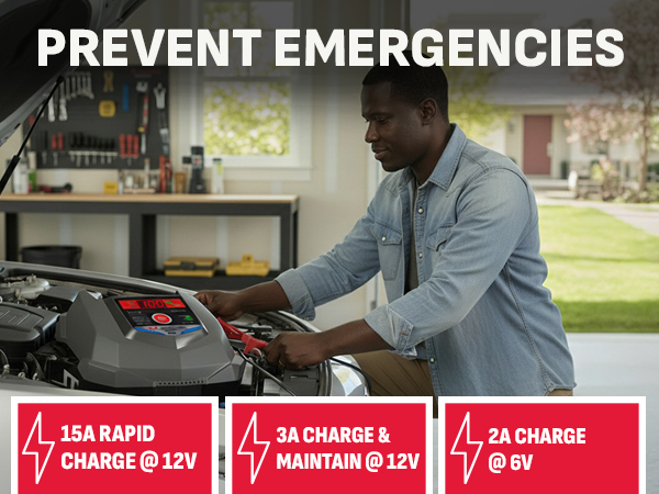 Man using Schumacher car battery charger to prevent emergencies, 6V and 12V modes