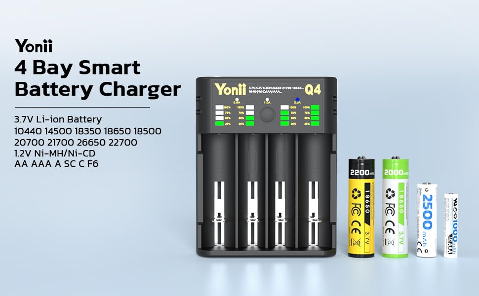 Yonii Q4 4-bay smart charger with LCD, supports 18650, 21700, AA, AAA