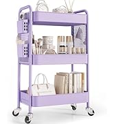 TOOLF 3 Tier Rolling Cart Storage Organizer, Metal Rolling Utility Car with Wheels, Hooks &amp; Bins ...
