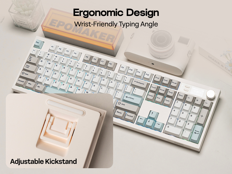 Text reads 'Ergonomic Design' and 'Wrist-Friendly Typing Angle' and 'Adjustable Kickstand'. White mechanical keyboard shown from multiple angles demonstrating adjustable height features.