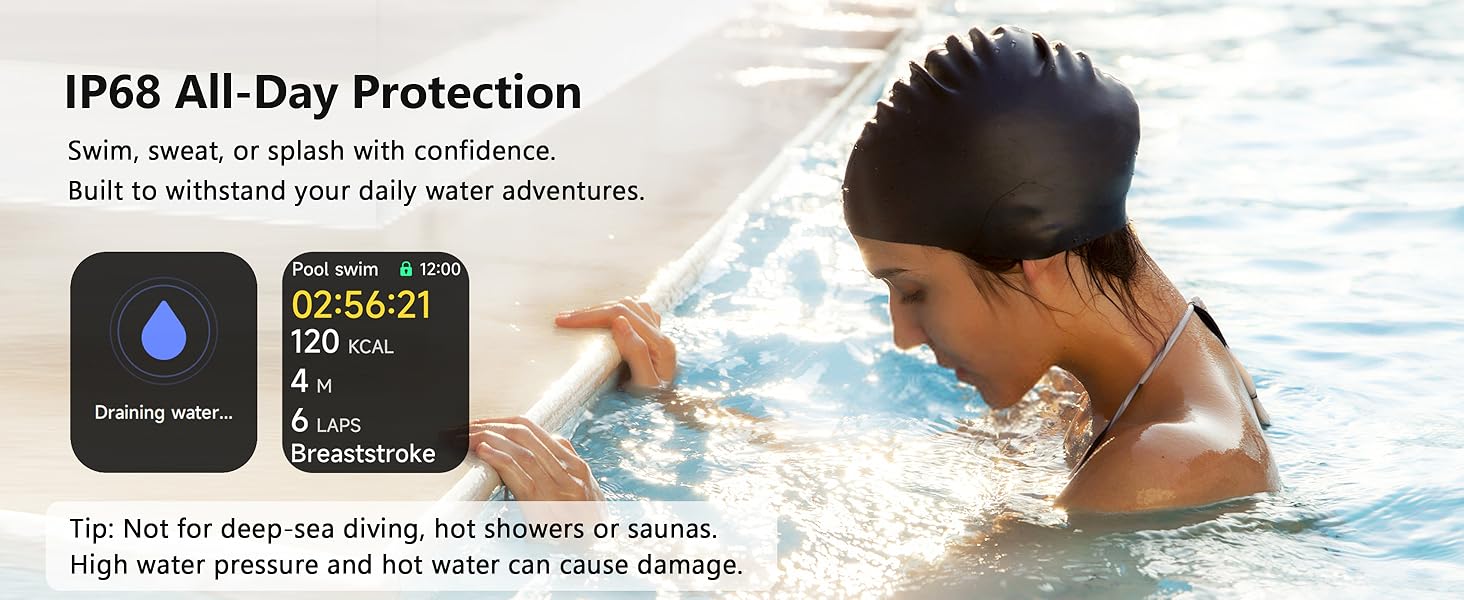 Text reads 'IP68 All-Day Protection'. Product demonstration images showing waterproof capability in swimming scenarios.