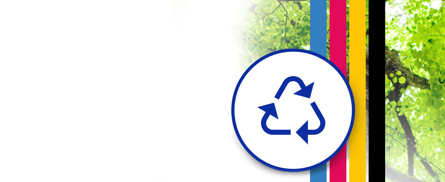 Brother recycling symbol overlaid over image of green tree canopy