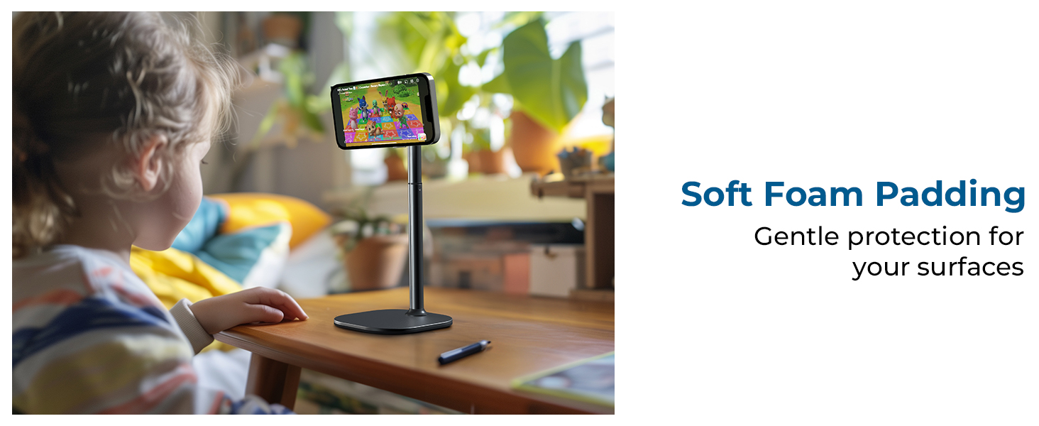 Tablet holder in use at desk with text overlay describing 'Soft Foam Padding' providing gentle surface protection.