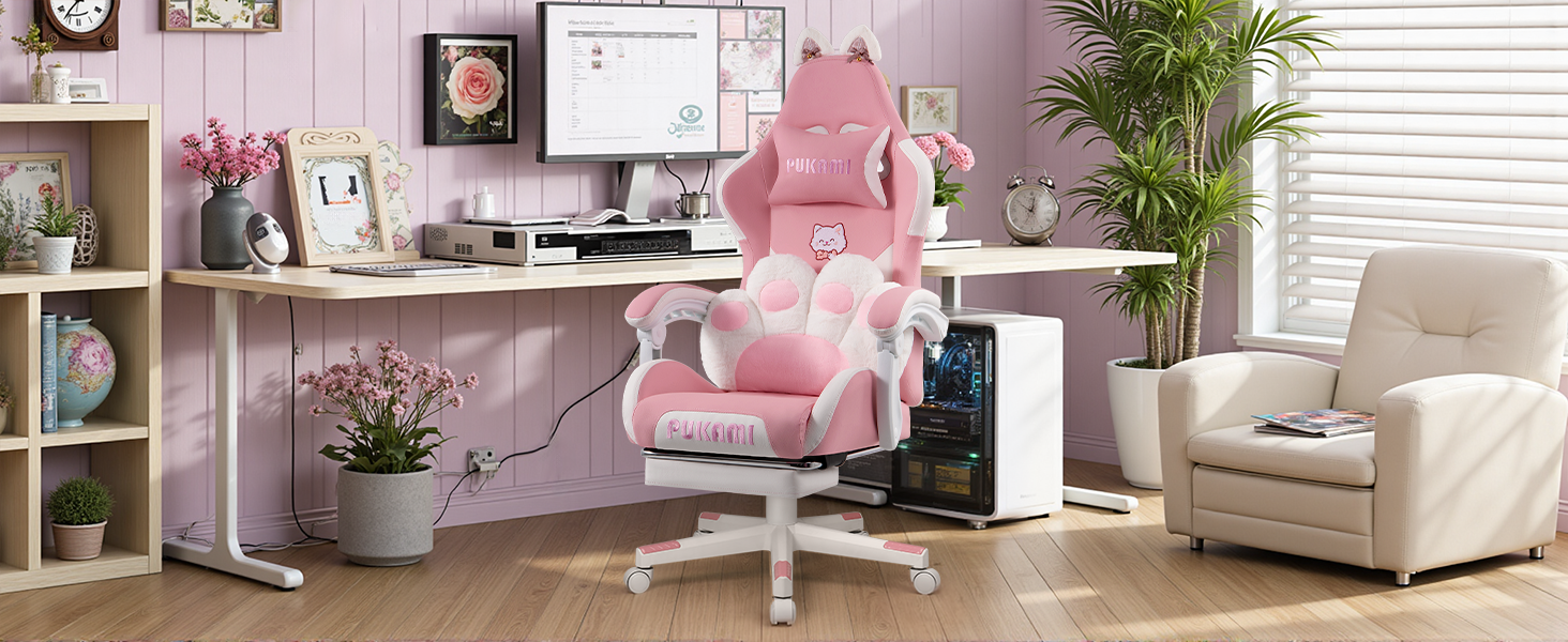 Gaming Chair with Cat Ears and Cat Paw Lumbar Cushion, Cute Ergonomic Gaming Computer Desk Chair