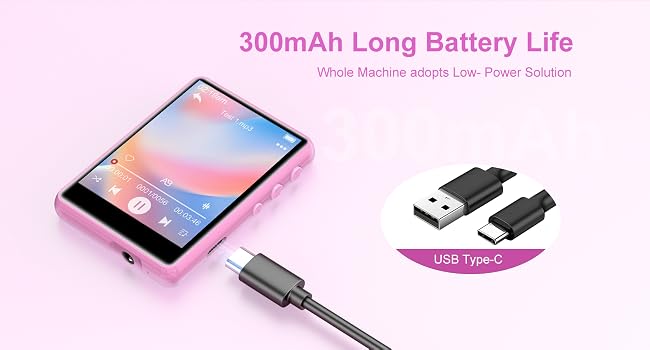 Pink portable device with touchscreen display, showcasing 300mAh long battery life. USB Type-C charging cable and connector shown. Device appears to be a media player or small tablet.