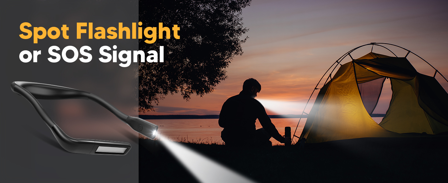 Outdoorsy people is using the EastPin handsfree neck flashlight at night as a headlamp when camping