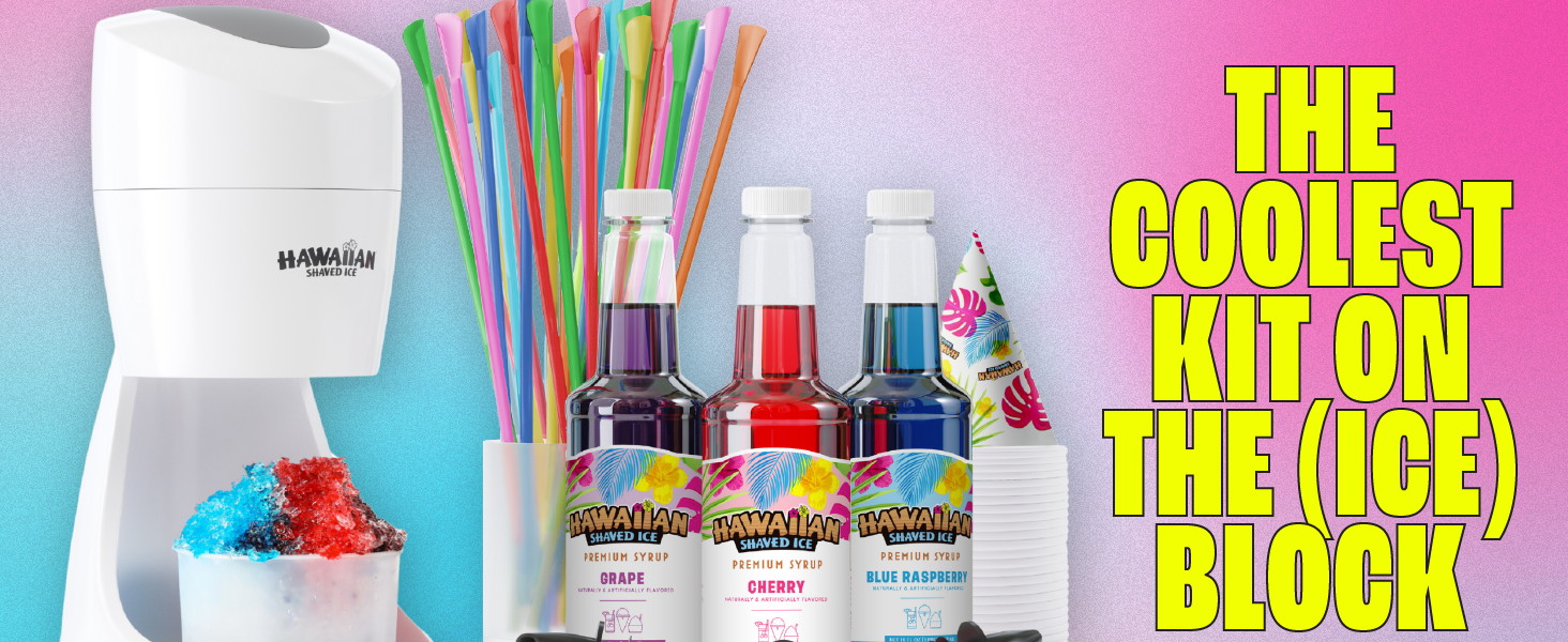 fluffy shaved ice complete with flavors and cups