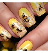 Sunflower Bee Press On Nails Short Round Yellow Fake Nails Glossy Bee &amp;Floral Full Cover False Na...