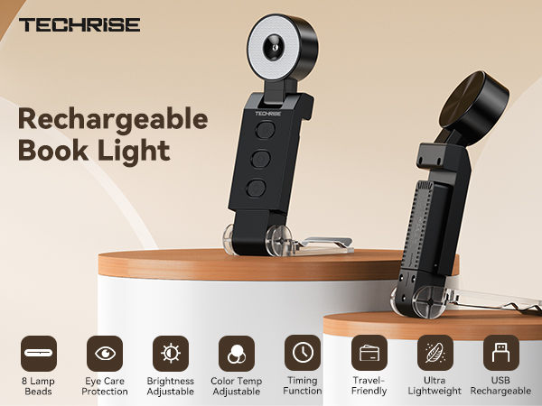 TechRise Book Light, 12 LED Rechargeable Reading Lamp with 5 Color Modes &amp;amp;amp; 6 Brightness Levels