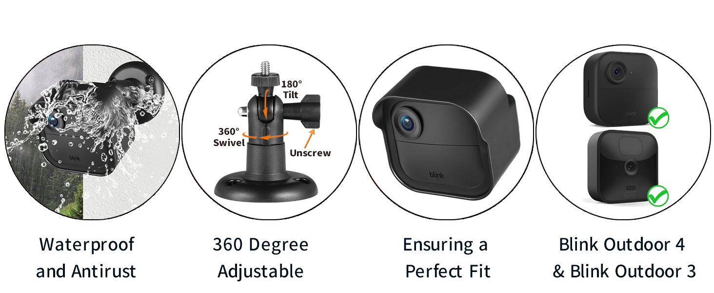 Product feature icons showing: waterproof and antiskid, 360 degree adjustable, ensuring a perfect fit, and blink outdoor 4 &amp; blink outdoor 3 compatibility features.