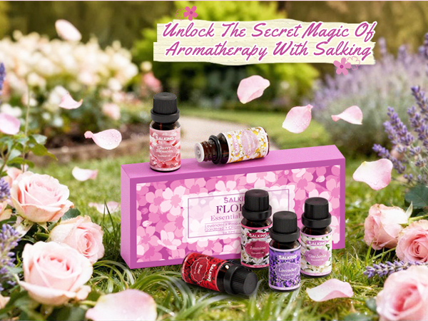 Text reads 'Unlock The Secret Magic Of Aromatherapy With Sakura'. Essential oil bottles among pink rose petals and flowers in garden setting with pink graphic elements.