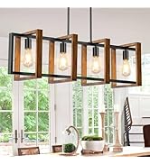 4 Lights Dining Room Light Fixture, Farmhouse Kitchen Island Lighting Wood and Black Metal Rectan...