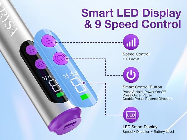 Cordless Electric Nail Drill Smart LED Display 9 Speed Control Reverse Direction Button Easy-to-use