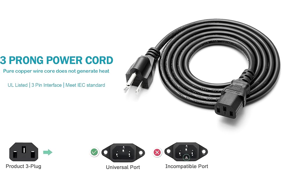 3 Prong Power Cord Pure copper wire core does not generate heat Meet