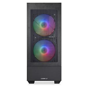 There shows the front of the chassis, 2 RGB fans can be seen through the front mesh panel