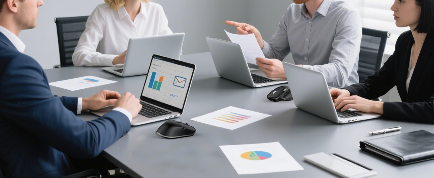 Business meeting scene with multiple people reviewing documents and working on laptops at a conference table.