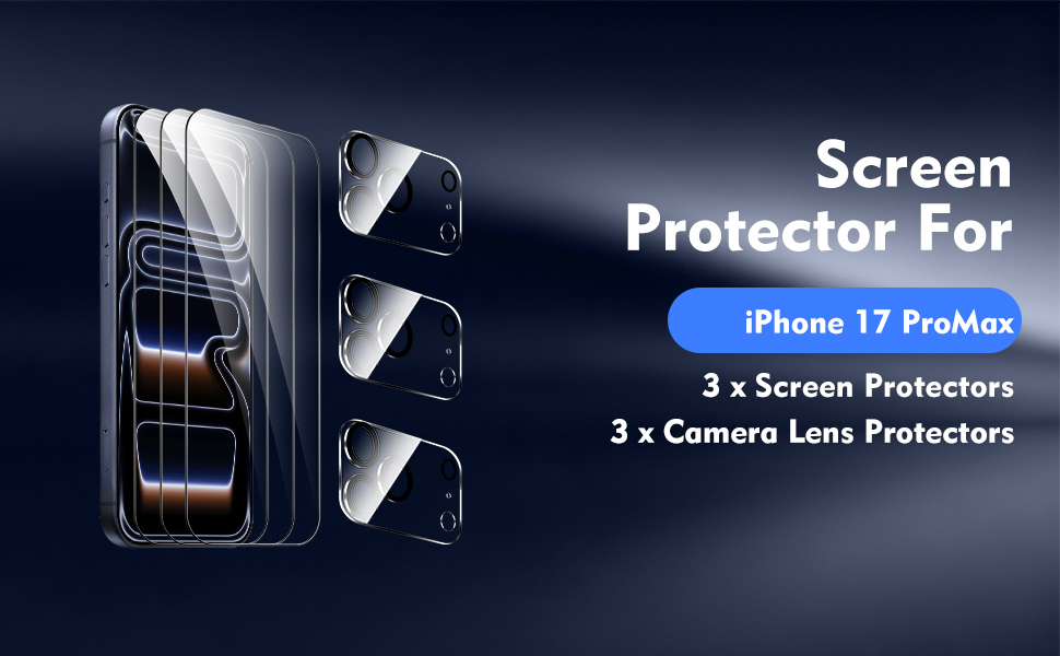 3+3 Pack Clear Tempered Glass Screen Protector Fully Compatible With iPhone 17 Pro max