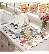 LOKHOM Scalloped Floral Dish Drying Mat, 12"x20" Super Absorbent Coffee Mat with Unique Spring Wi...