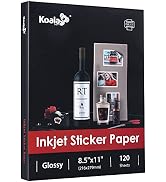 Koala Printable Glossy Sticker Paper for Inkjet Printer, White, 8.5x11 Inch Self-Adhesive Photo S...